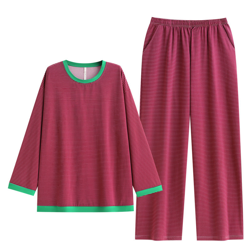 悦内睡衣女春秋款秋季纯棉长袖长裤家居服宽松大码条纹显白莓红色|undefined