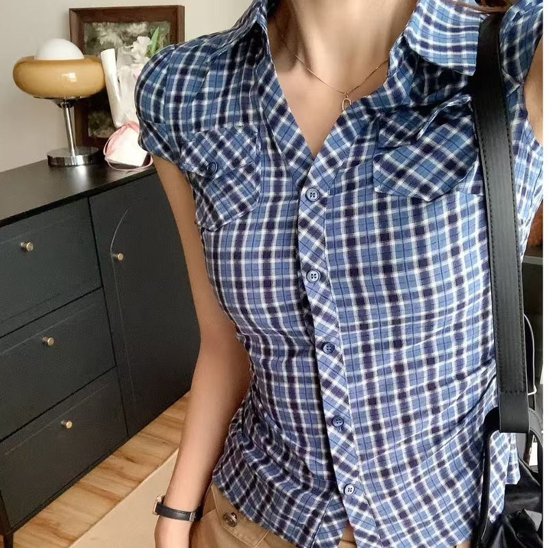 设计感蓝色格子短袖衬衫女夏季复古褶皱收腰修身衬衣小众掐腰上衣|undefined