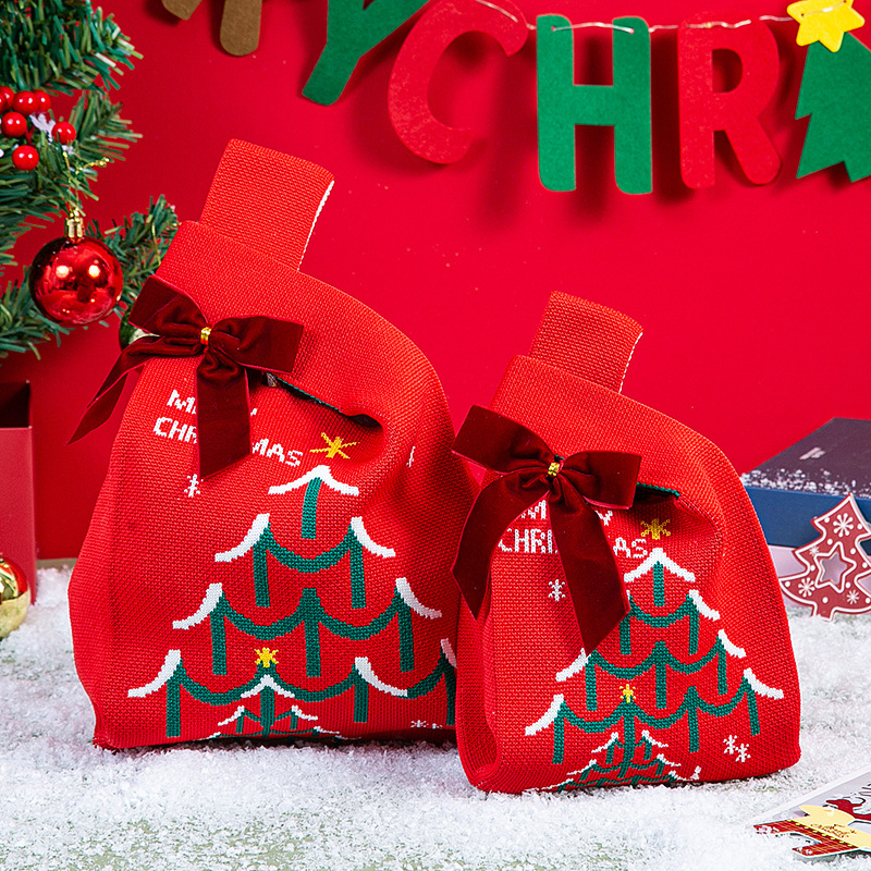Christmas Graphic Knit Bow Handle Gift Handbag 18