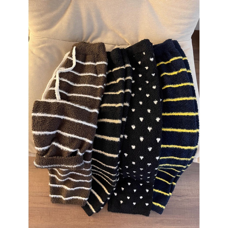 Diseño coreano de cintura alta a rayas de color de punto de mitad de camelera pantalones de pijama de mujeres otoño invierno calentamiento pantalones caseros
