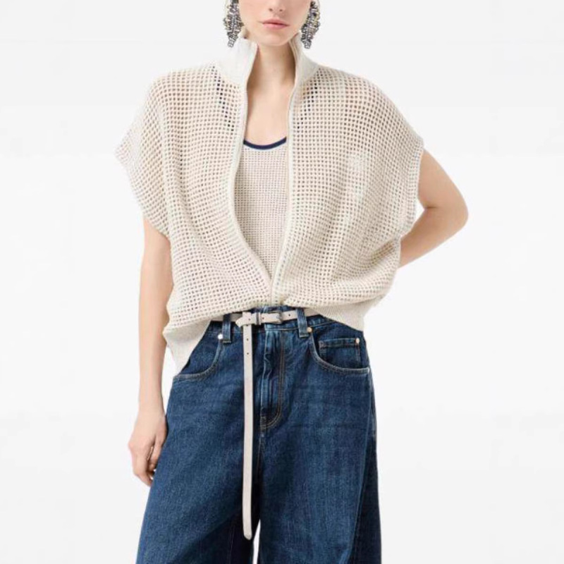 Bc Same Style Japanese Washi Paper Yarn Hollow-Out Color-Blocking U-Neck Camisole Women's Large Round Neck Tank Top Vest for Women