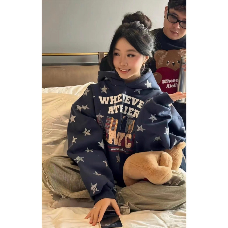 American Retro Star Letter Print Hooded Sweatshirt for Women in Autumn and Winter Fleece-Lined and Thickeneded Small Loose Lazy Jacket