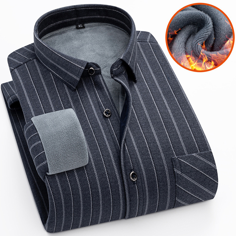 Autumn and winter plaid fleece-lined thickened shirt men's long-sleeved warm casual shirt young and middle-aged double-sided fleece top men