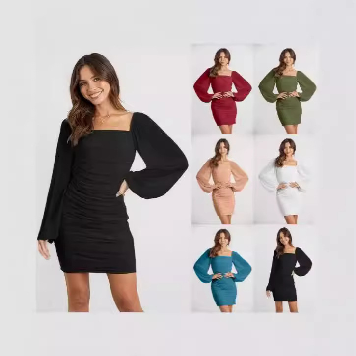 2024 Spring and Autumn Elegant Square Collar Lantern Long Sleeve Pleated Tight Fit dress Stretch Slim Party Cocktail Dress 2024 Spring and Autumn Elegant Square Collar Lantern Long Sleeve Pleated Tight Fit dress Stretch Slim Party Cocktail Dress