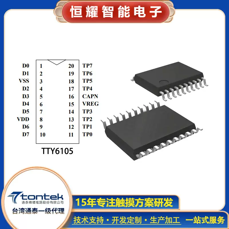 TTY6105 SSOP-20 8KEYS触摸感应开关按键IC多键触摸芯片方案开发