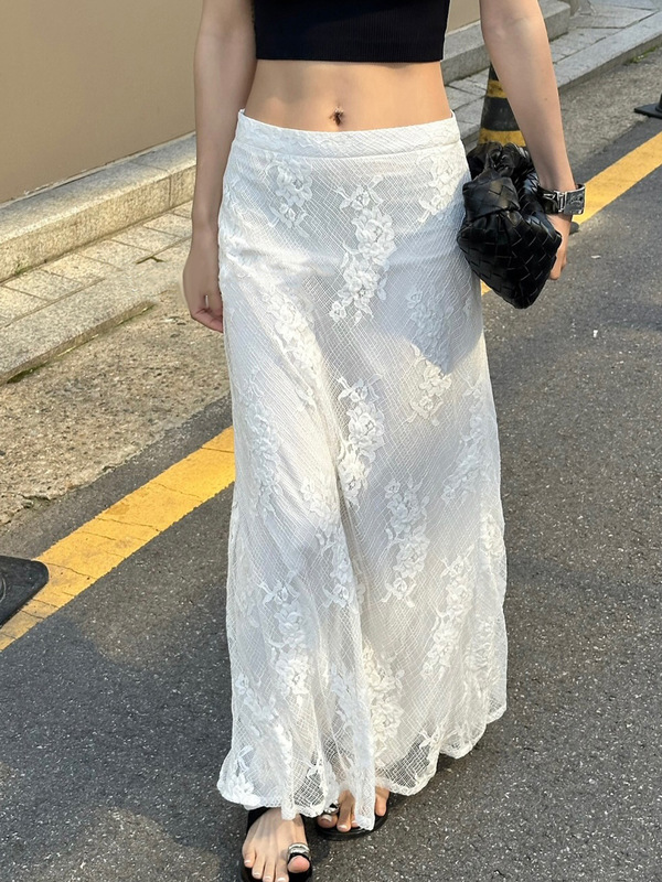 欧美设计感蕾丝拼接直筒半身裙跨境新款高腰显瘦网纱包臀长裙女|undefined