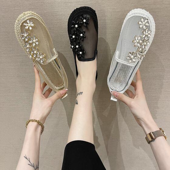 2024 summer organza mesh women's shoes net red round head rhinestone flat toe sandals Doudou loafers single-layer shoes