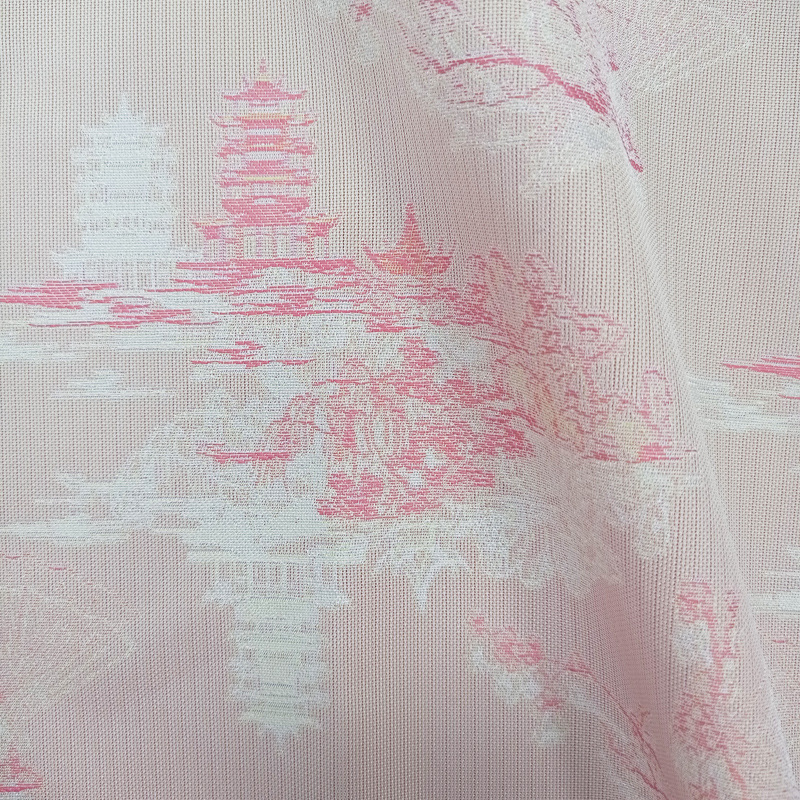 New Silk Damask Jacquard, Retro Style Landscape Tower Yarn-Dyed Jacquard Fabric, Heterochromatic Luo Fashion Fabric Factory