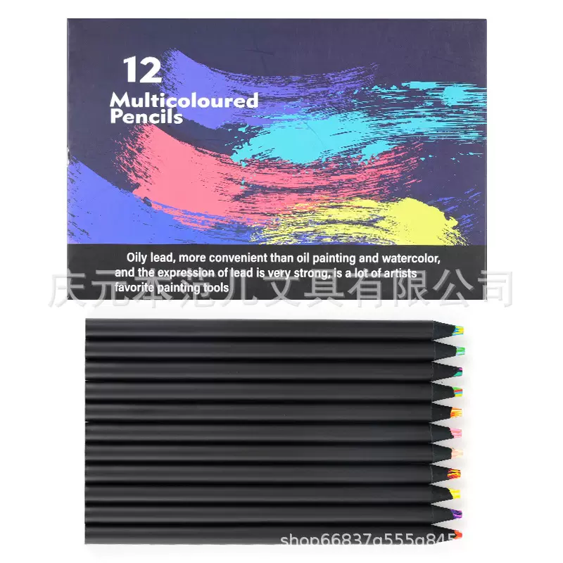 跨境爆款12支黑木粗杆乱色芯套装油性彩色铅笔涂鸦