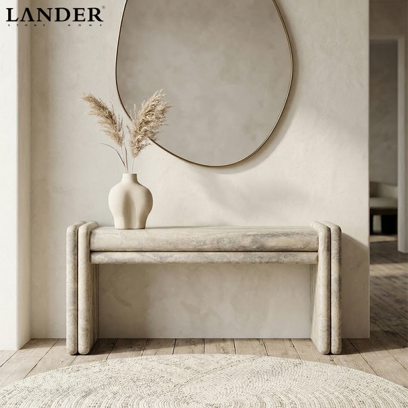 Silver-Gray Marble Entryway Table and Shoe Bench, Ins-Style Wabi-Sabi Vintage Marble Indoor Entryway Furniture
