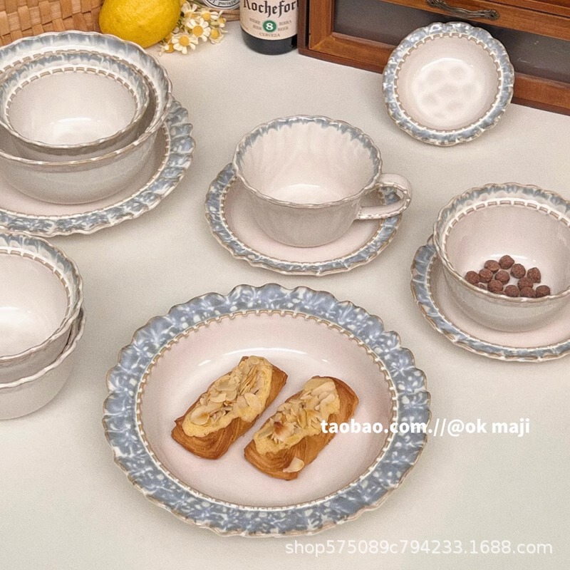 Ok Maji Korean Ins Wind Smoke Blue Series Dishes and Tableware Set High-End Lace Dessert Plate Pasta Plate