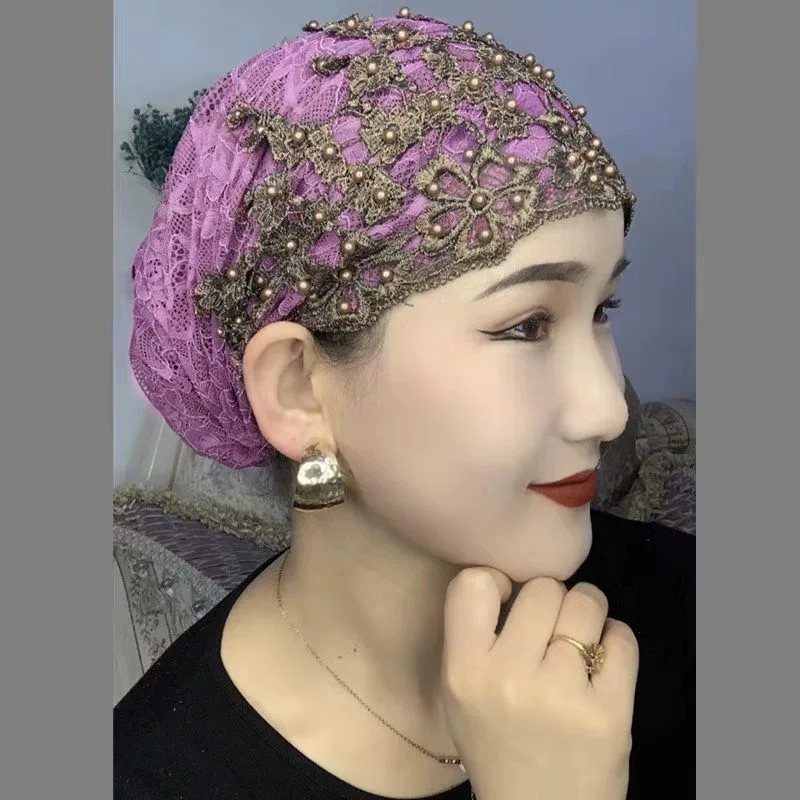 Новая зимняя повседневная шапка для мамы с бисером, эластичная марлевая шапка, пуловер для среднего и пожилого возраста, шапка, закрывающая волосы, шапка Баотоу