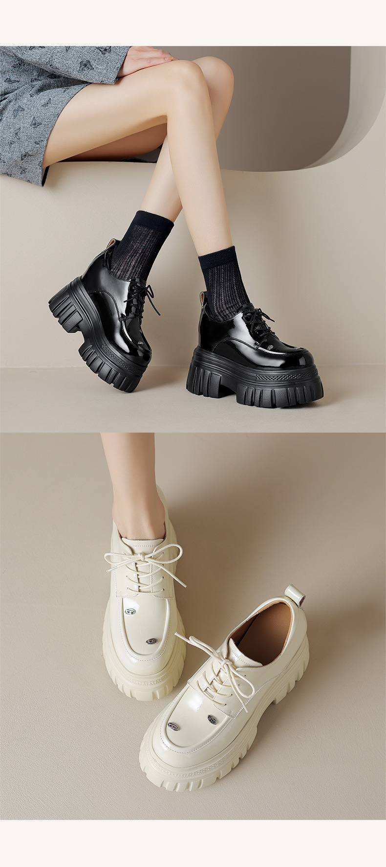 Giày loafer nữ đế xuồng dây buộc phong cách Anh quốc — màu đen chi tiết 9