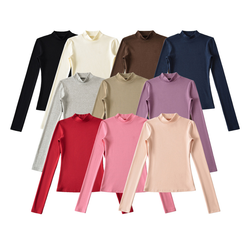 Casual Basic Half Turtleneck Long-Sleeved T-Shirt for Women 2025 Autum New American Sexy Slim Right Shoulder Bottoming Top