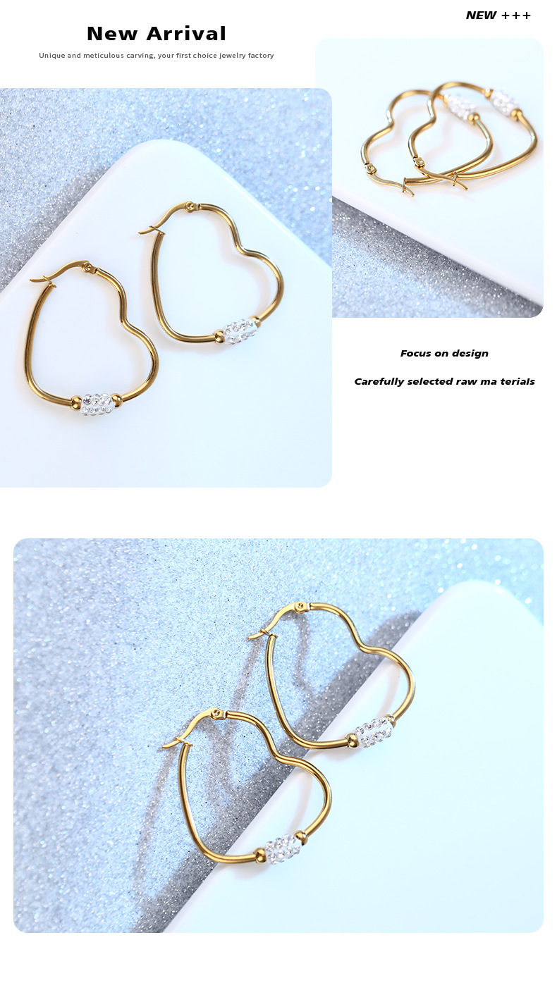 INS Style Heart Shape Stainless Steel Inlay Zircon Earrings 1 Pair