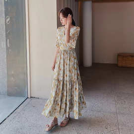 跨境雪纺过膝连衣裙女2026春夏款轻熟风气质收腰显瘦V领印花长裙