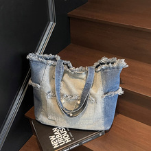 跨境百搭大容量新款简约渐变牛仔托特包大方通勤单肩包大包包批发