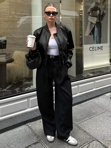 American Retro Black Pu Leather Baseball Jacket for Women, Ribbed Stand Collar, Zip-Up, Loose Short Biker Leather Jacket