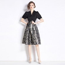 8729实拍夏季新款女装气质复古拼接假两件提花A字裙V领短袖连衣裙