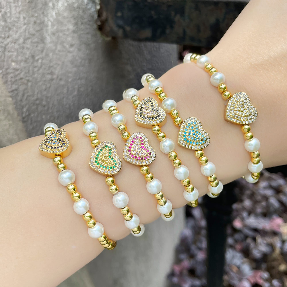 Fashion Heart Shape Copper Bracelets Pearl Gold Plated Zircon Copper Bracelets