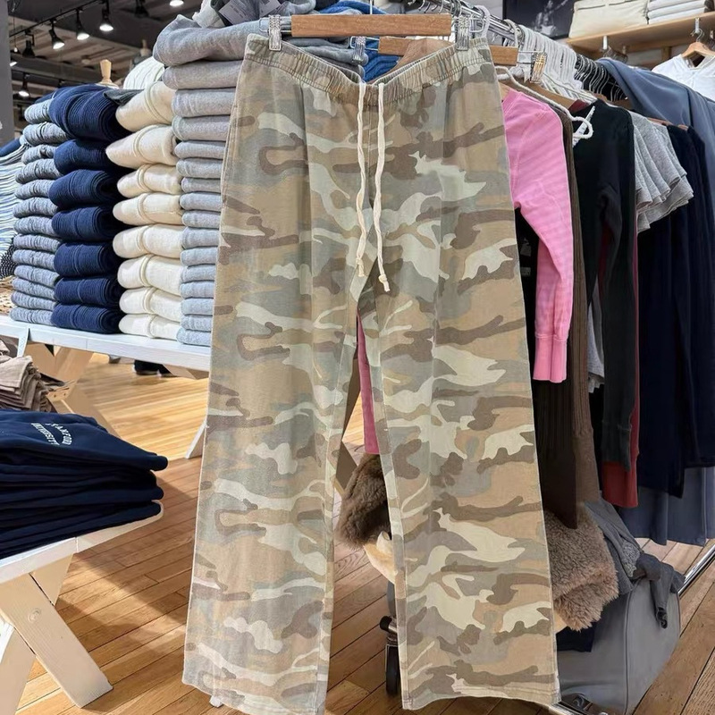 Bm New American Retro Low-Waist Camouflage Drawstring Straight-Leg Pants for Women, Bm Casual Pants, Slimming Elastic Waist Long Pants, Sweatpants