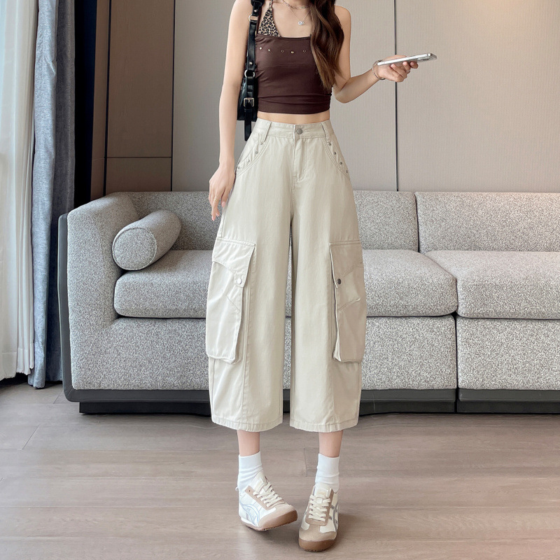 Blanco arroz de trabajo viento de bolsillo pantalones de piernas anchas para mujeres 2026 verano delgado pantalones de cuchillo en forma de pera pantalones