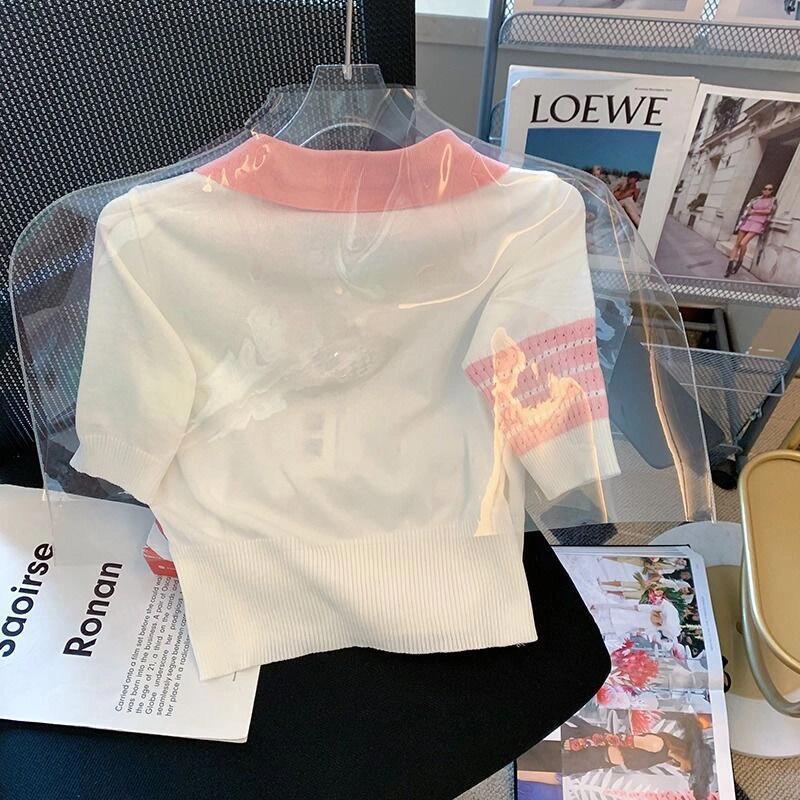 小柄な女性のための半袖セーター 2025 夏ポロ襟 T シャツデザインニッチラペルトップ|undefined