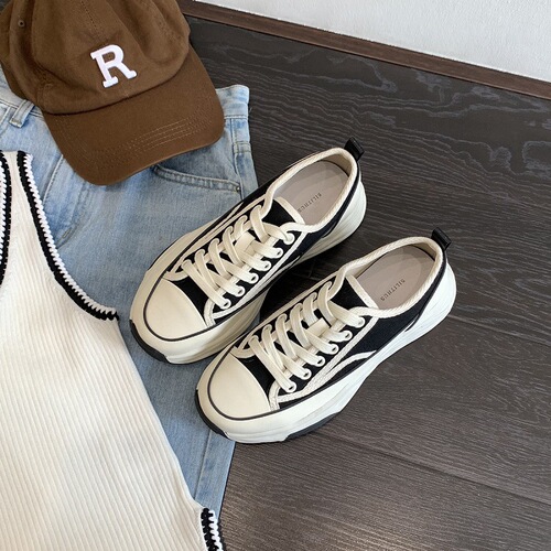 Luji Hokkaido thick-soled lace-up canvas shoes for women  spring new style small fragrance versatile casual white shoes