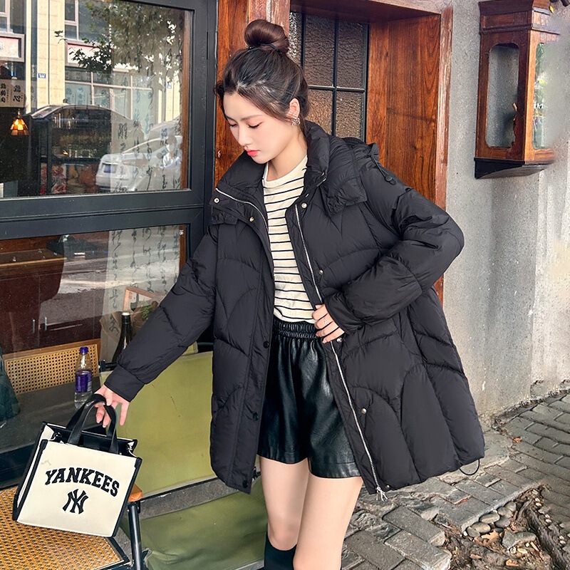 2025冬季新款羽绒服女中长款连帽修身气质小个子显瘦白鸭绒外套90|undefined