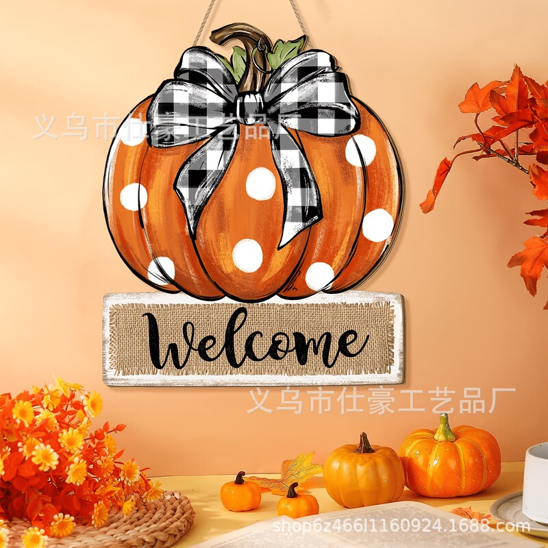 Cross-Border New Autumn Pumpkin Welcome Sign, Rustic Wooden Decoration, Pumpkin Thanksgiving Front Door Hanging Ornament, Plaid