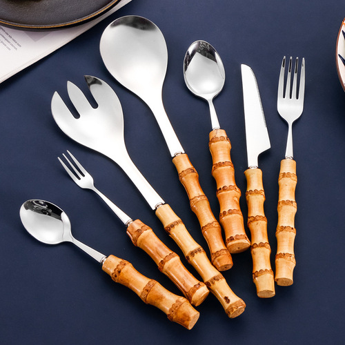 Natural Bamboo Handle Stainless Steel Cutlery Dessert Salad Spoon Fork Tea Spoon Bamboo Node Handle Western Dinner Steak Knife Fork Spoon Set 