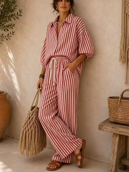 Women's Casual Suit for Autumn and Winter, New European and American Fashion, Striped Print, Turn-down Collar, Lantern Sleeves, Half-Open Front Two-Piece Set