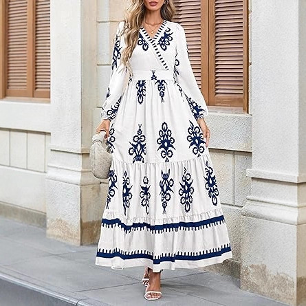 Women's 2025 Wedding Guest Dress Boho Floral Long Sleeve V Neck Flowing Elegant Long Dress Beachwear