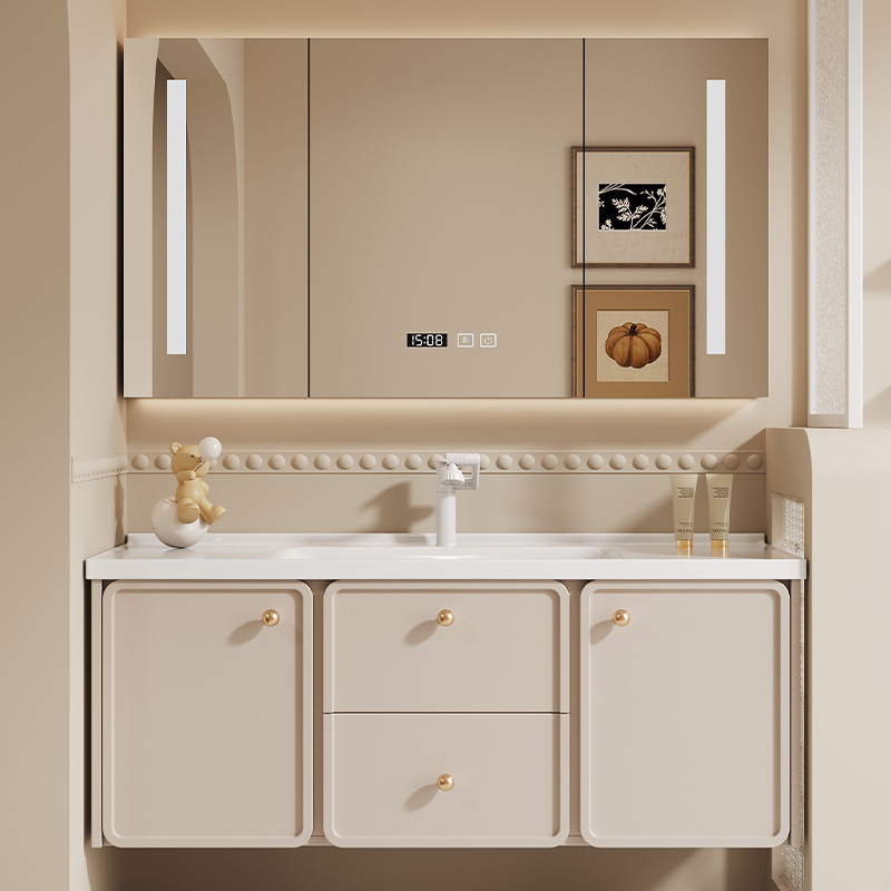 Cream-style bathroom cabinet with ceramic integrated basin, French-style washbasin, integrated sink, bathroom cabinet, washstand Cream-style bathroom cabinet with ceramic integrated basin, French-style washbasin, integrated sink, bathroom cabinet, washstand