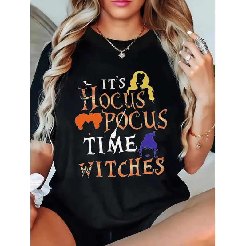 Cross-Border European Size Women's Pure Cotton T-Shirt Hocus Pocus Time Witches Raglan Sleeve Bl