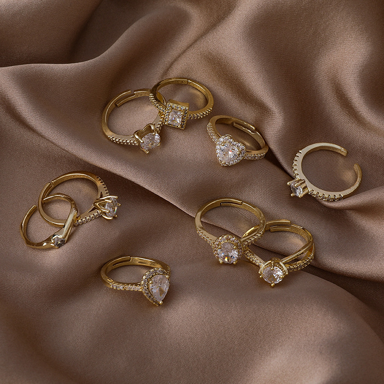 fashion micro-inlaid zircon heart square opening ring wholesale