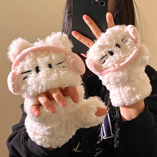 Cute Headset Cat Flip Plush Gloves Women's 2024 Autumn and Winter Thickened Warm Cold-proof Riding Earmuffs