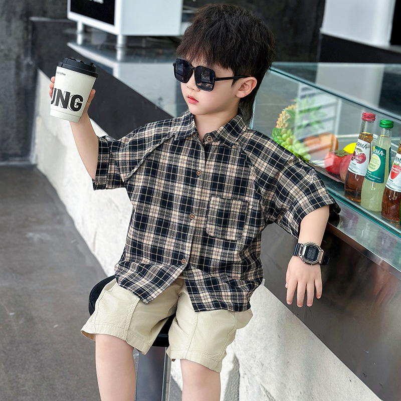 7240 Camisa a cuadros para niños de manga corta para niños pantalones cortos sueltos 2025 verano nuevos pantalones cortos estilo occidental bebé