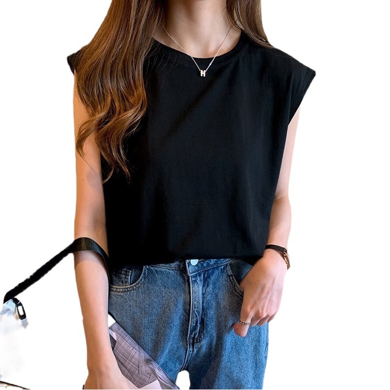 Color sólido cuello redondo ropa exterior camiseta sin mangas de verano de las mujeres camisa de fondo suelta adelgazante chaleco casual ropa superior Corea del Sur ropa de mujer