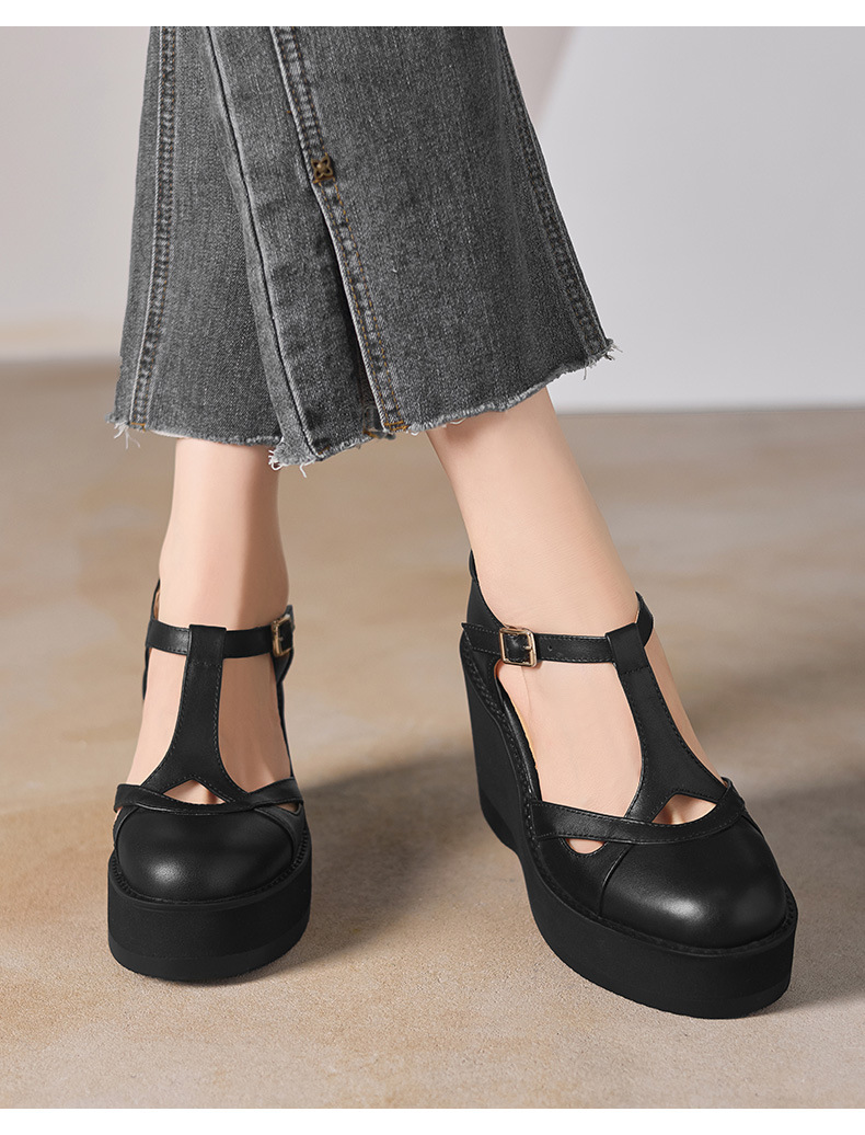 Sandal cao gót nữ quai ngang khóa T, đế dày platform, gót 9.5 cm — đen chi tiết 1