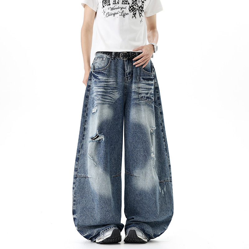 Cross-Border Washed Ripped Wide-Leg Jeans for Men and Women, 2026 New Style, Loose Retro Couple Style Casual Floor-Length Pants Cross-Border Washed Ripped Wide-Leg Jeans for Men and Women, 2026 New Style, Loose Retro Couple Style Casual Floor-Length Pants