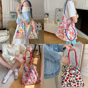 35243 Hanfeng Summer Large Capacity Hand Carrying Shoulder Bag Drawstring Shopping Bag Fresh Floral Tote Bag Underarm Bag