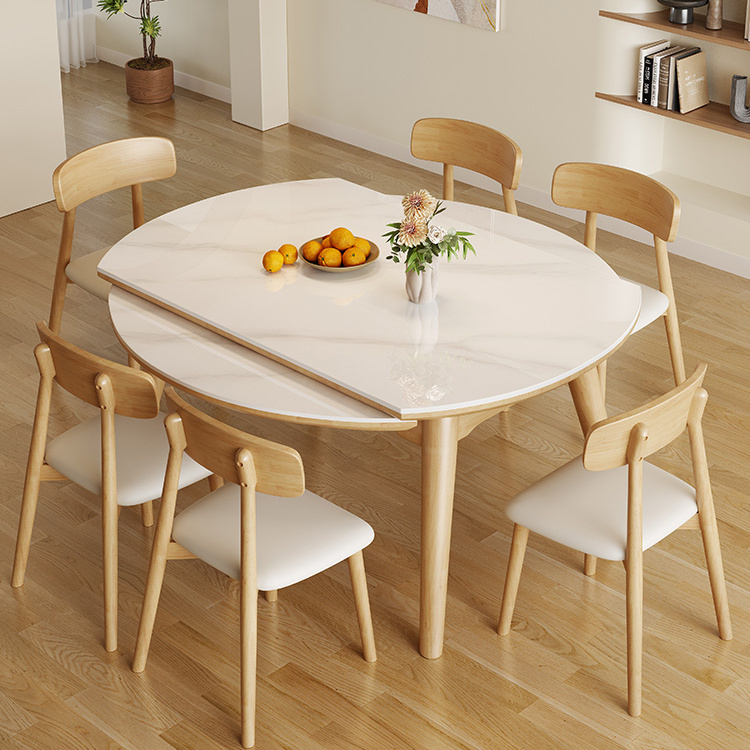 Solid Wood Slate Dining Table and Chair Set, Nordic Light Luxury, High-End Feel, Suitable for Living Room, Small Apartment, Extendable and Convertible into a Round Table