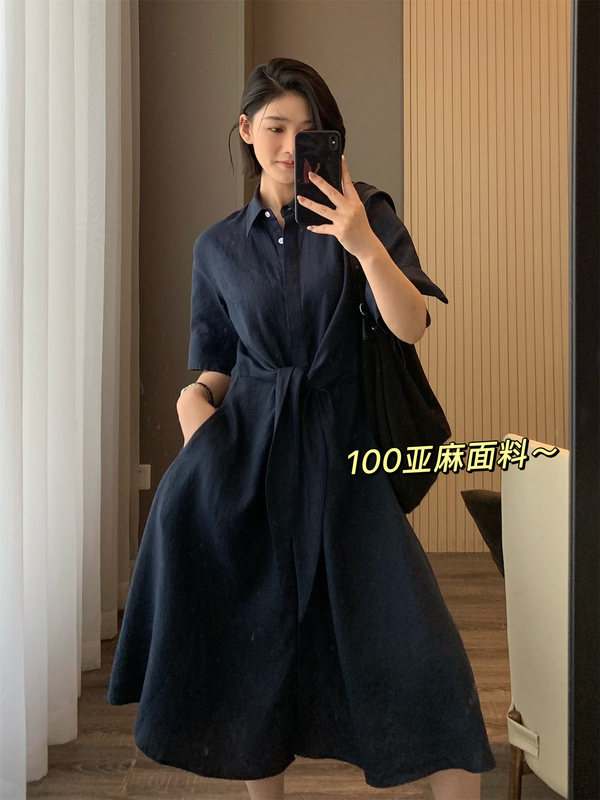 100 Rain Dew Linen! Classic Japanese Style Style Strappy Waist Slimming Look Shirt Dress Long Skirt for Women
