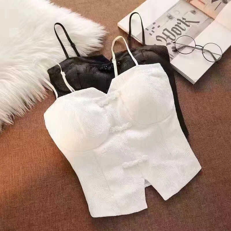 Chinese-Style Cheongsam Camisole with Integrated Chest Pads, Slim-Fit Sleeveless Short Tank Top for Women with Three-Dimensional Decoration