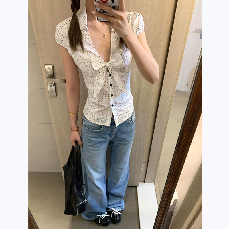 法式温柔蝴蝶结波点短袖衬衫女夏季甜辣收腰气质显瘦修身衬衣上衣|undefined