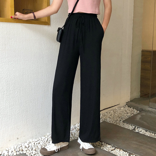 Spring High-Waist Slimming Casual Pants for Women Korean Style Loose Straight Leg Athletic Pants Versatile Elastic Waist Floor-Length Wide Leg Pants