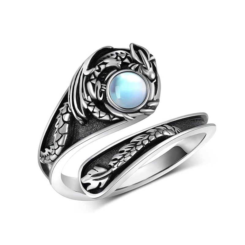 Joyería Amazon Europa y América retro bohemia 925 plata esterlina dragón de luna anillo de piedra anillo ajustable para mujeres