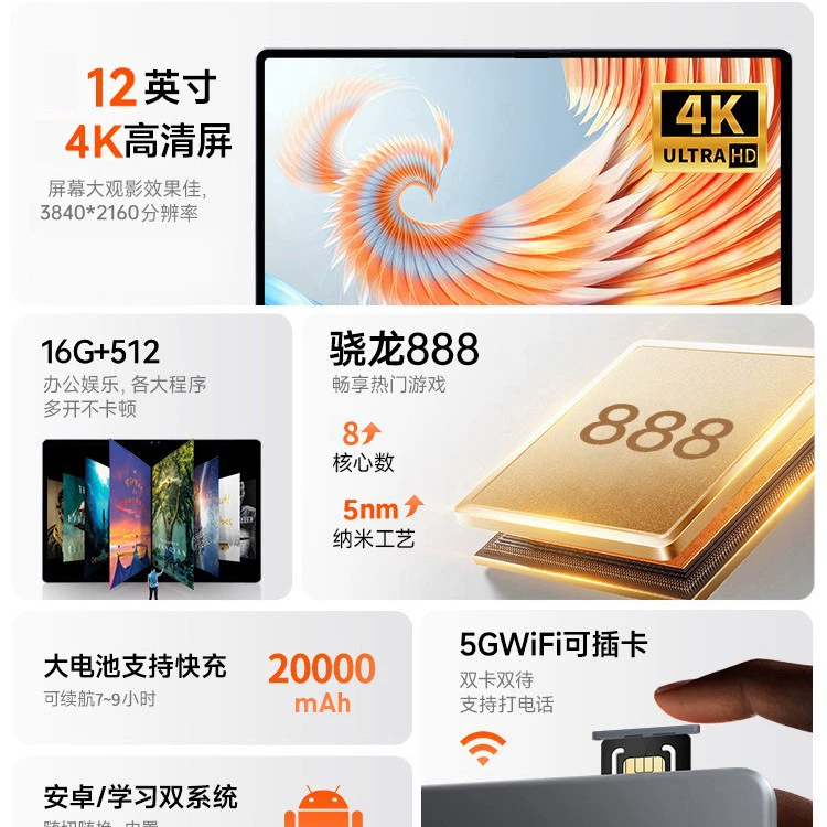 [SF Express на следующий день] Игровой планшет на Snapdragon 888 2024, новый, 5G, полнофункциональный, HD, уход за глазами
