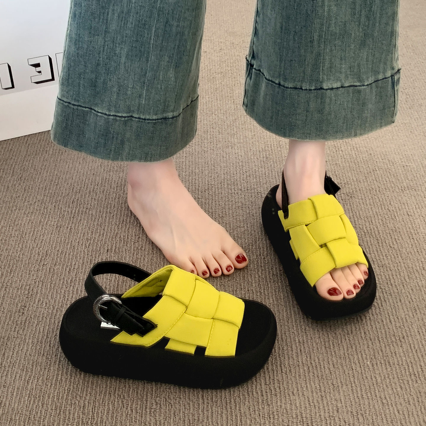 Yellow woven casual sandals open toe